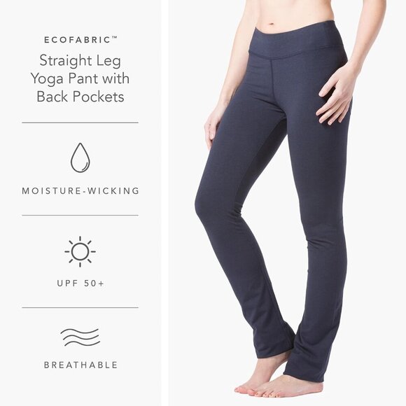 Navy women's ecofabric straight leg yoga pants with back pockets, mid-rise, 35-i - Picture 3 of 6